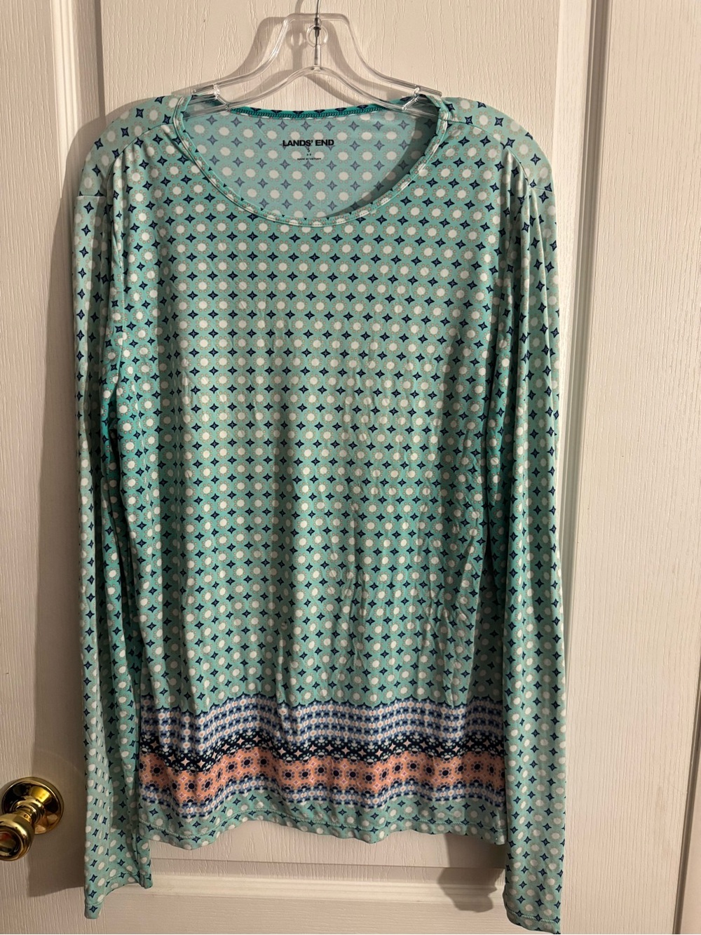 Lands' End Mint Geometric Long Sleeve Shirt with Border Print